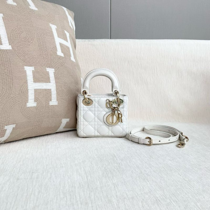 Dior 白金mini黛妃三格 白色金扣 羊皮 成12*11*5 98新配件肩帶 塵袋-1
