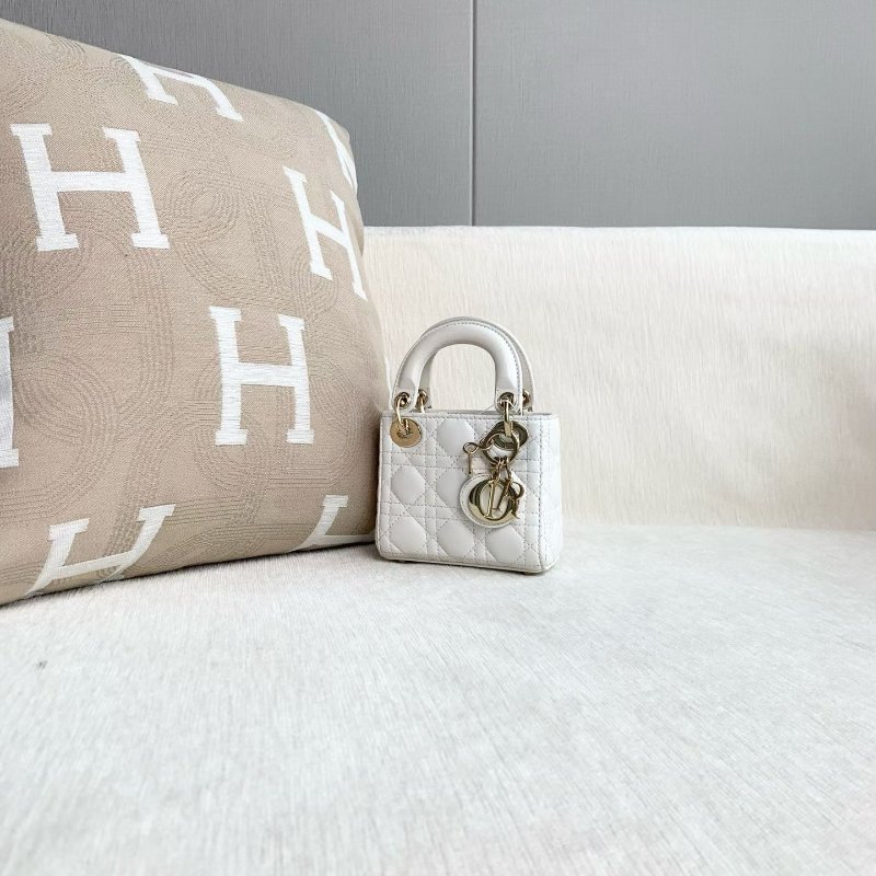 Dior 白金mini黛妃三格 白色金扣 羊皮 成12*11*5 98新配件肩帶 塵袋-2