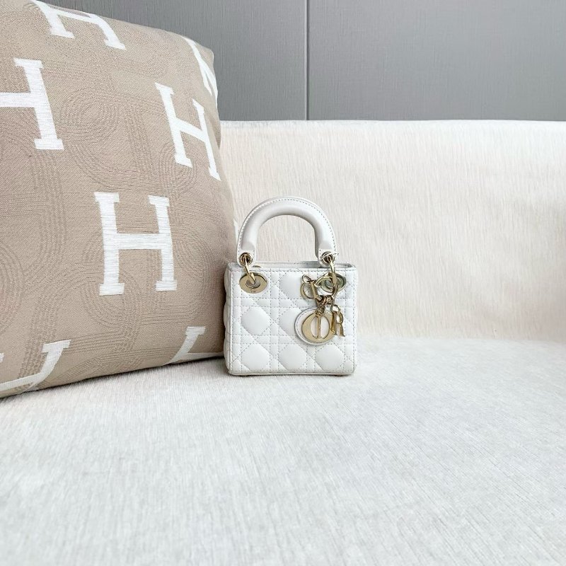 Dior 白金mini黛妃三格 白色金扣 羊皮 成12*11*5 98新配件肩帶 塵袋-4