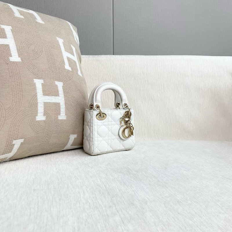Dior 白金mini黛妃三格 白色金扣 羊皮 成12*11*5 98新配件肩帶 塵袋-5