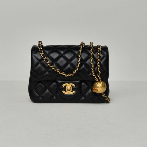 CHANEL CF口蓋包方胖子黑色羊皮晶片金扣金球調節扣肩背包