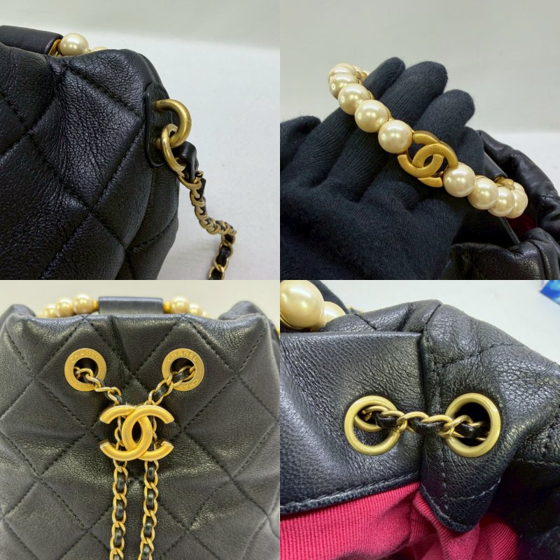 CHANEL 珍珠提把黑金迷你水桶包-6
