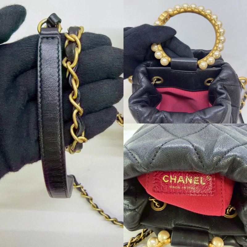 CHANEL 珍珠提把黑金迷你水桶包-7