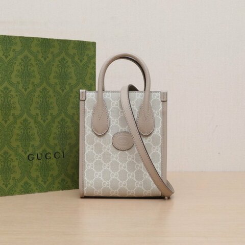 GUCCI GGRetro皮標LOGO迷你托特包老花PVC肩背包