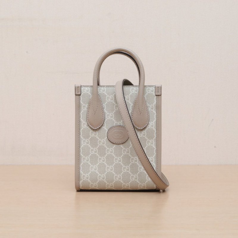 GUCCI GGRetro皮標LOGO迷你托特包老花PVC肩背包-1