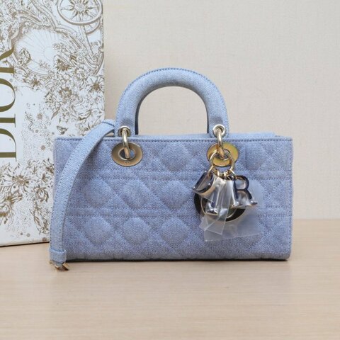 DIOR LadyD-Joy橫版戴妃包中號牛仔藍金扣2022肩背包