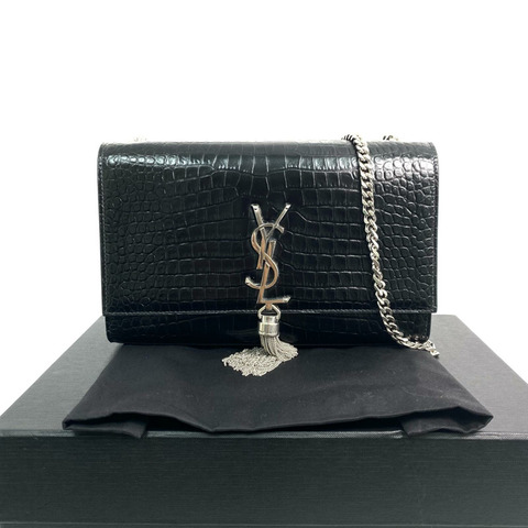 △ SAINT LAURENT 聖羅蘭 Black Crocodile Embossed Calfskin Kate Chain Shoulder Bag 黑色鰐魚壓紋小牛皮鎖鏈肩背包 GAB354119-267008316
