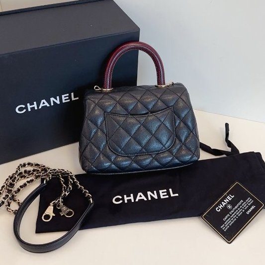 近新品 香奈兒/Chanel Coco Handle mini郵差包 黑金荔枝皮手提斜背包-1