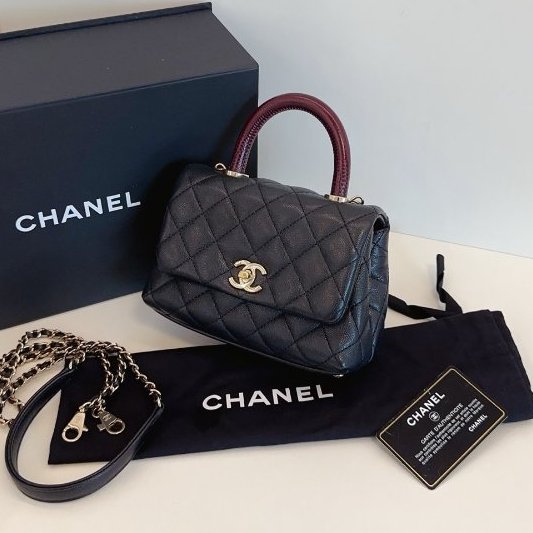 近新品 香奈兒/Chanel Coco Handle mini郵差包 黑金荔枝皮手提斜背包-2
