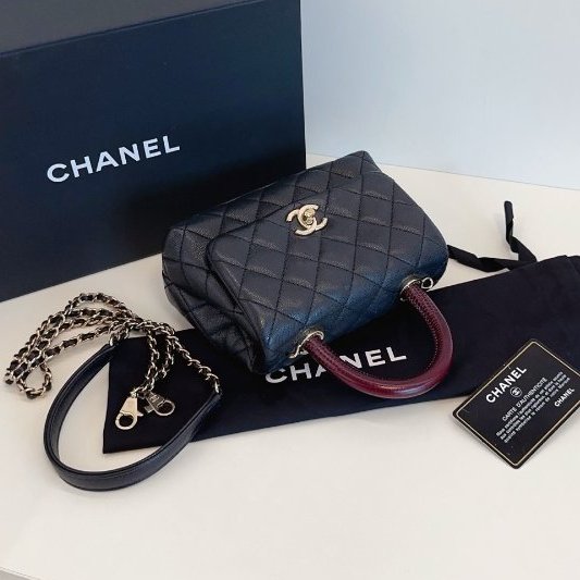 近新品 香奈兒/Chanel Coco Handle mini郵差包 黑金荔枝皮手提斜背包-4