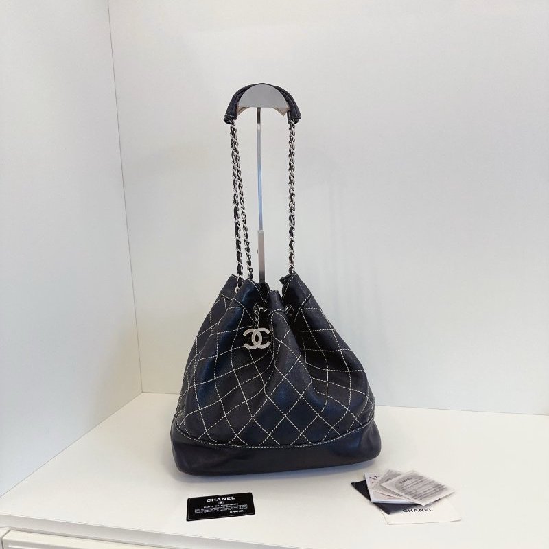 香奈兒/Chanel 黑銀外縫線菱格鏈條水桶包-0