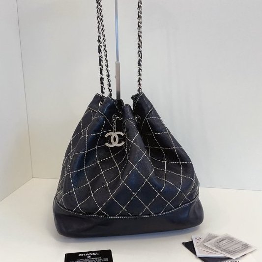 香奈兒/Chanel 黑銀外縫線菱格鏈條水桶包-5