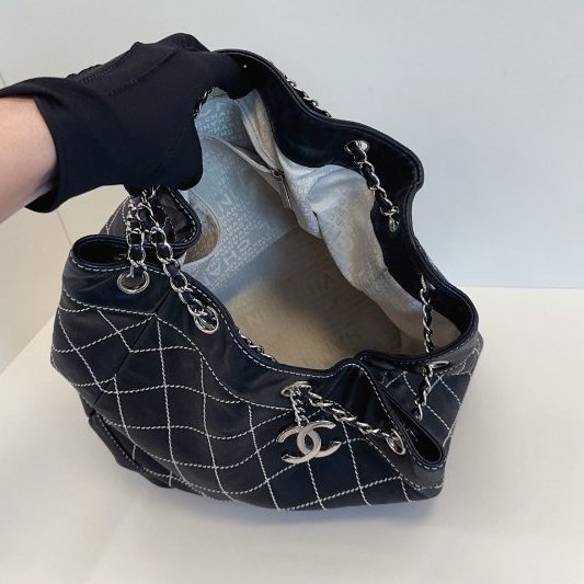 香奈兒/Chanel 黑銀外縫線菱格鏈條水桶包-8