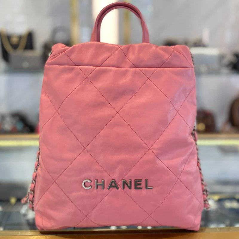 CHANEL 22 BAG粉色銀釦後背包 晶片款 小款-0