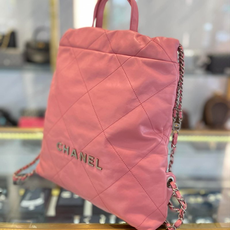 CHANEL 22 BAG粉色銀釦後背包 晶片款 小款-2