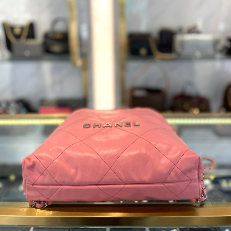 CHANEL 22 BAG粉色銀釦後背包 晶片款 小款-3