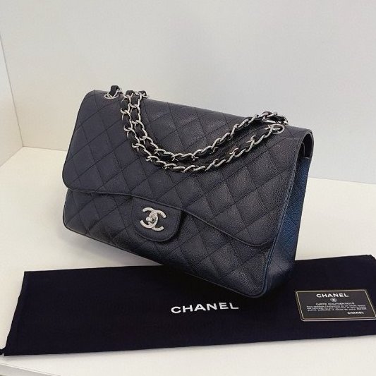 香奈兒/Chanel 黑銀荔枝皮雙蓋CF Jumbo鏈條包-2