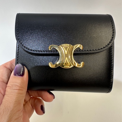 Celine 黑滑面牛皮凱旋門三折短夾