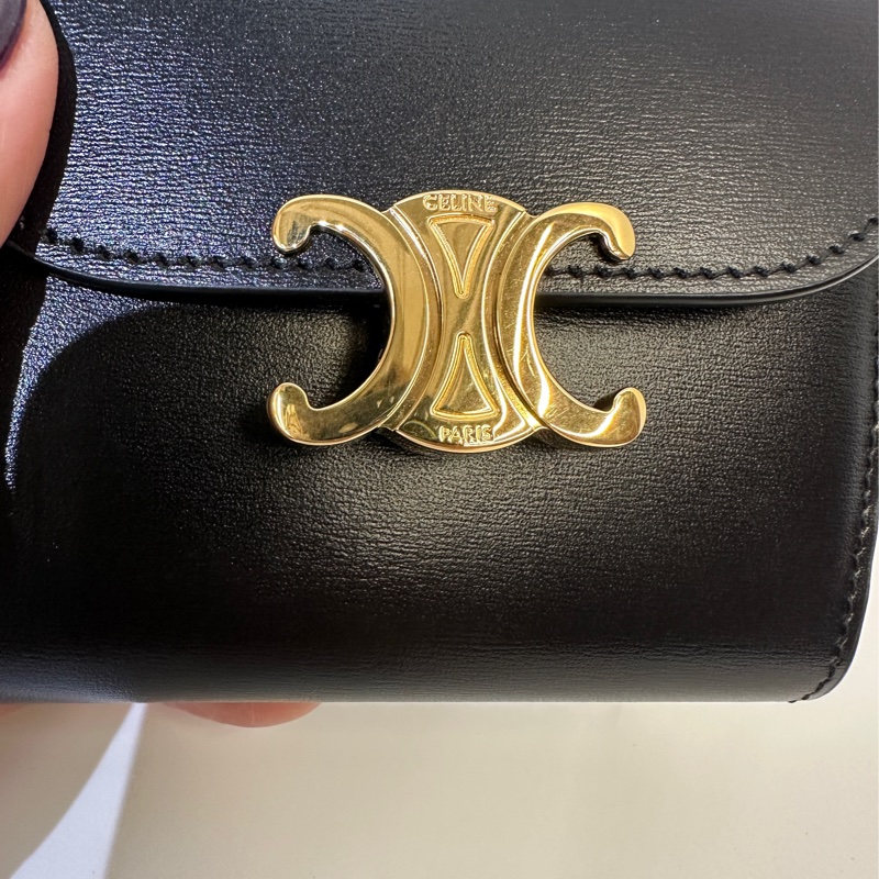 Celine 黑滑面牛皮凱旋門三折短夾-9