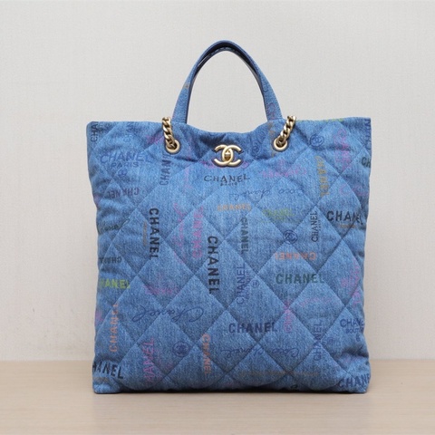 CHANEL 22PTote購物袋Logo印花鏈條牛仔藍晶片金扣