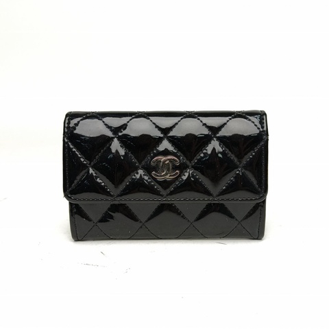 CHANEL 黑色漆皮20開銀扣CF折疊零錢包