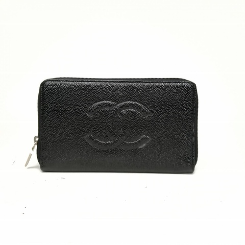 CHANEL 黑色荔枝牛皮14開銀扣錢包