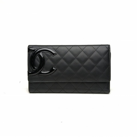 CHANEL 中古康鵬長款翻蓋錢包黑色牛皮18開銀扣