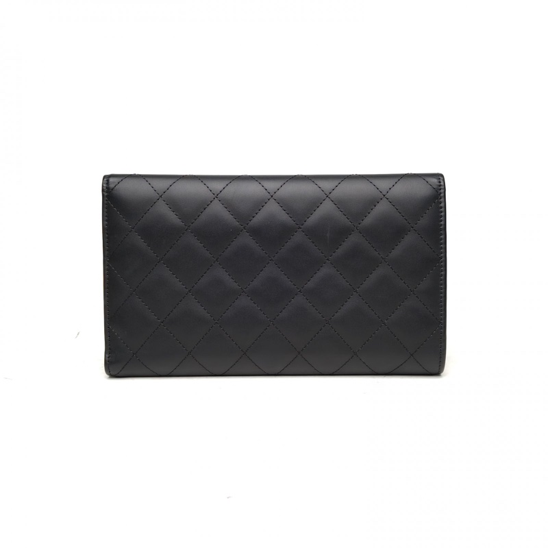 CHANEL 中古康鵬長款翻蓋錢包黑色牛皮18開銀扣-2