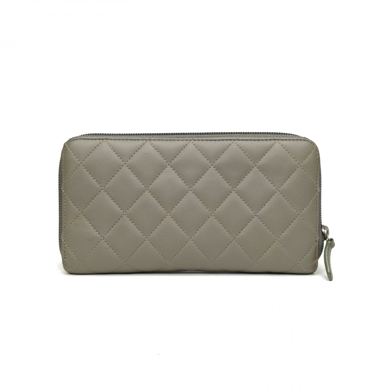 CHANEL 綠色牛皮15開綠扣長款拉鏈錢包磨砂扣-2