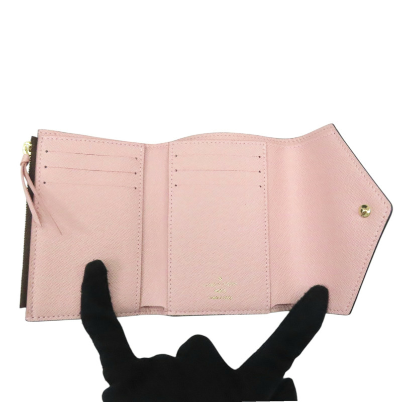 粉/棕色 棋盤格帆布 Victorine 三折短夾【LOUIS VUITTON LV 路易威登】 N61700-2