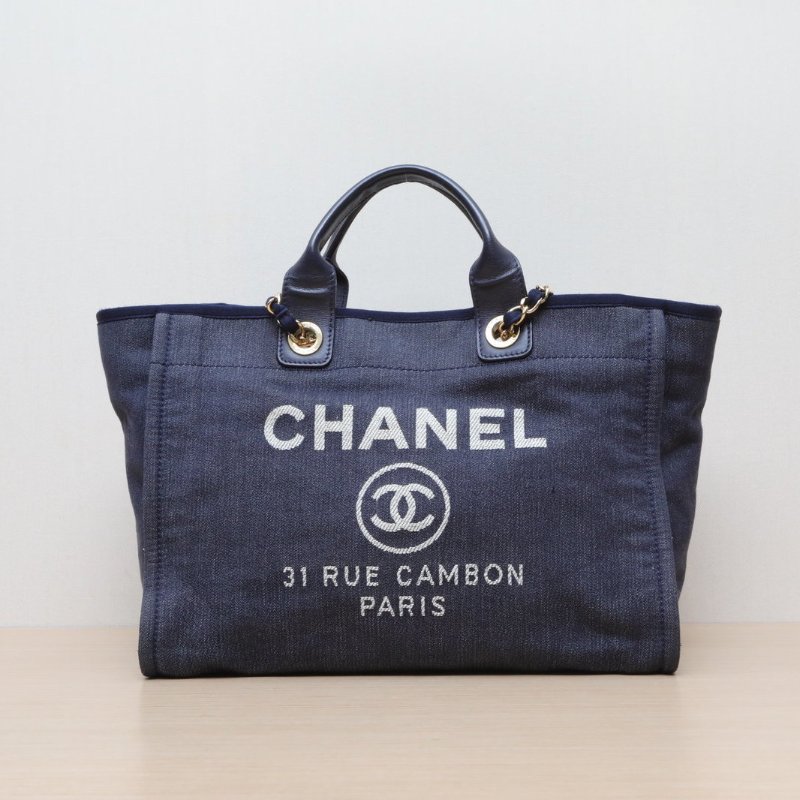CHANEL 沙灘包帶手柄帆布版大號藍色帆布17開金扣肩背包-1