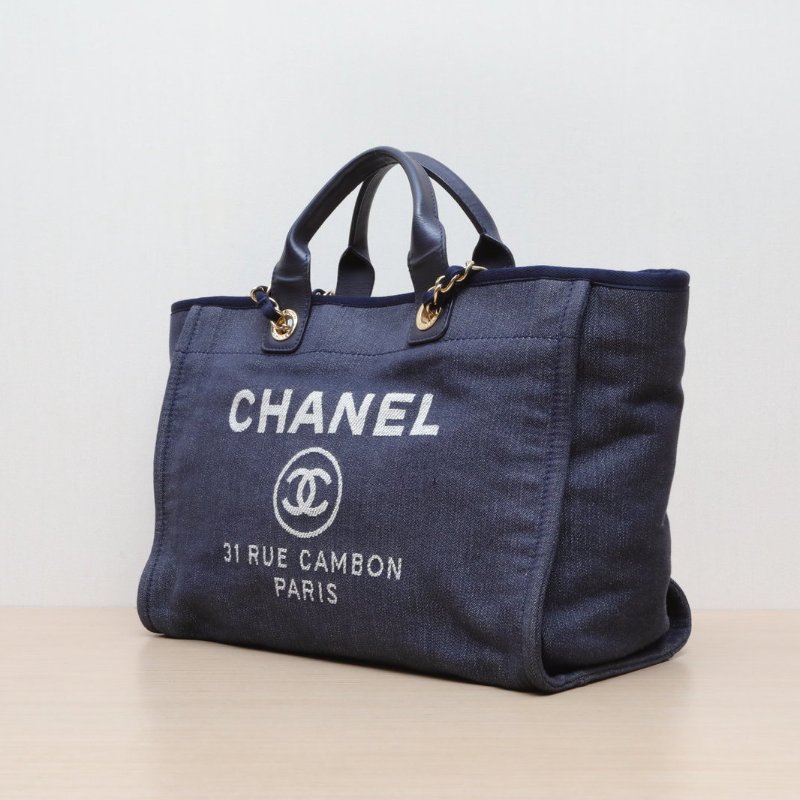 CHANEL 沙灘包帶手柄帆布版大號藍色帆布17開金扣肩背包-4