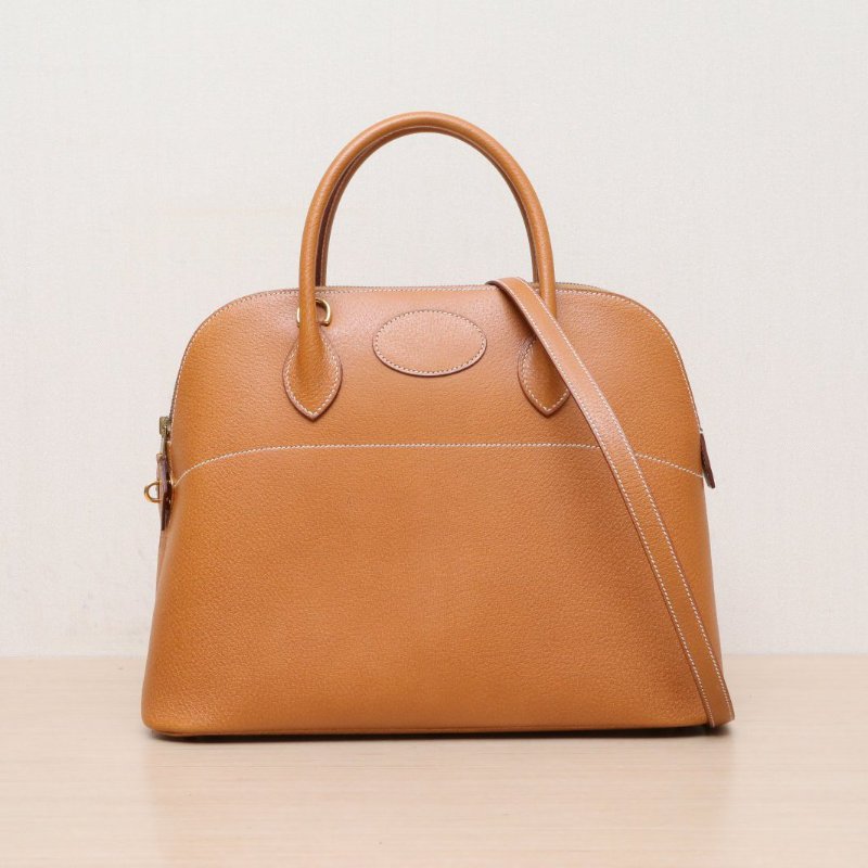 HERMES Bolide保齡球包35金棕色PeauDePorc豬皮圈Y金扣肩背包-1