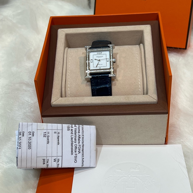 Hermes H hour 稀有級 深藍色鱷魚錶帶 滿H鑽錶-1