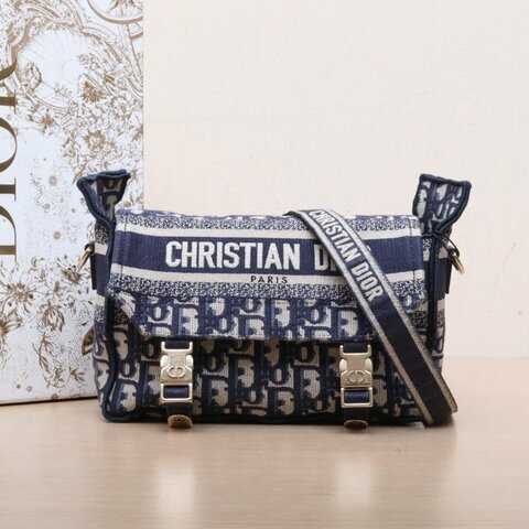 DIOR Diorcamp郵差信使包小號23藍色帆布淺金扣2022肩背包