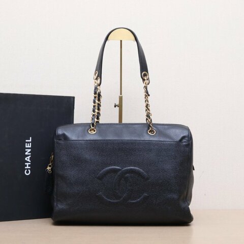 CHANEL 中古黑金牛暗紋logo奶粉包黑色荔枝牛皮5開金扣肩背包