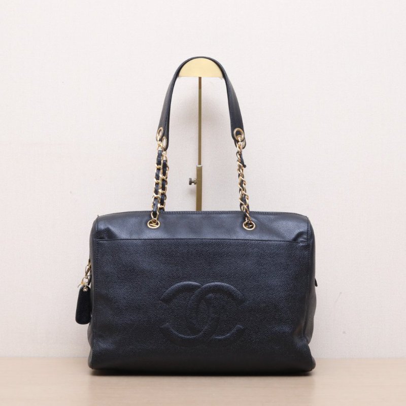 CHANEL 中古黑金牛暗紋logo奶粉包黑色荔枝牛皮5開金扣肩背包-1