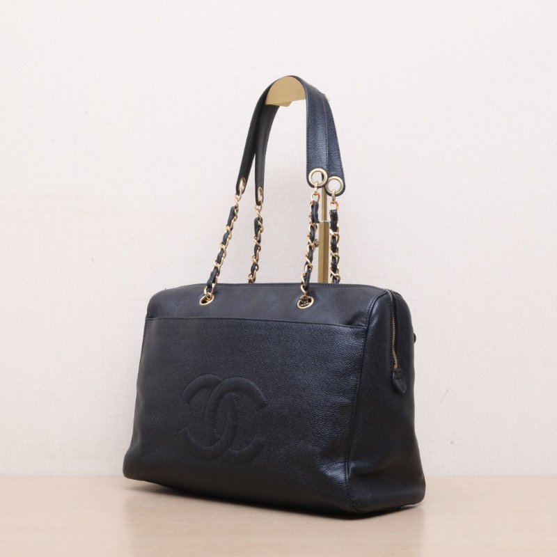 CHANEL 中古黑金牛暗紋logo奶粉包黑色荔枝牛皮5開金扣肩背包-3
