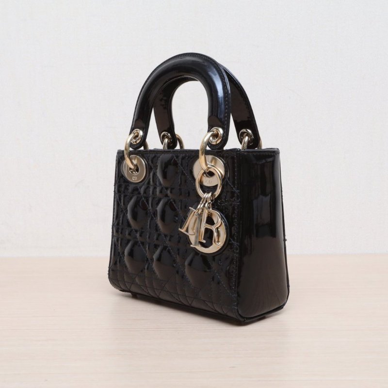 DIOR Lady戴妃包三格漆皮2020黑色金扣肩背包-4