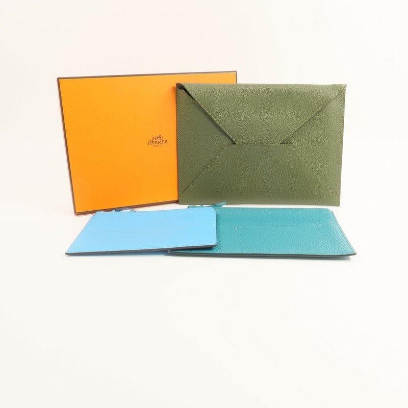 HERMES Chevre皮革Envelope Trio手拿包Vert Olive/Vert Verone/Bleu Azteque-9