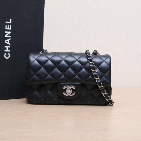 CHANEL CF口蓋包大Mini20黑色羊皮晶片銀扣肩背包