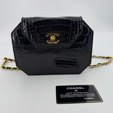 Chanel Vintage 89-91 Black Crocodile Octagon Flap Bag with Gold-tone Hardware