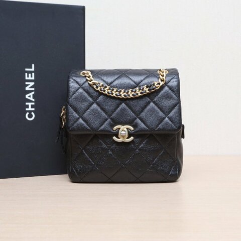 CHANEL Ado雙肩包黑色荔枝牛皮晶片金扣雙C皮穿鏈肩背包