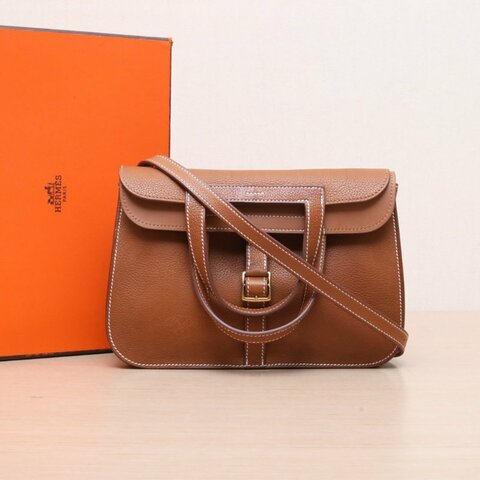 HERMES Halzan25雙提手黃褐色馬鞍皮K2025金扣肩背包