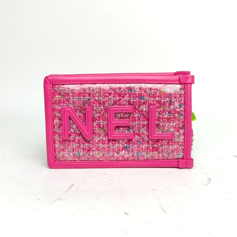CHANEL 手機包粉色PVC/毛呢28開金扣肩背包-2