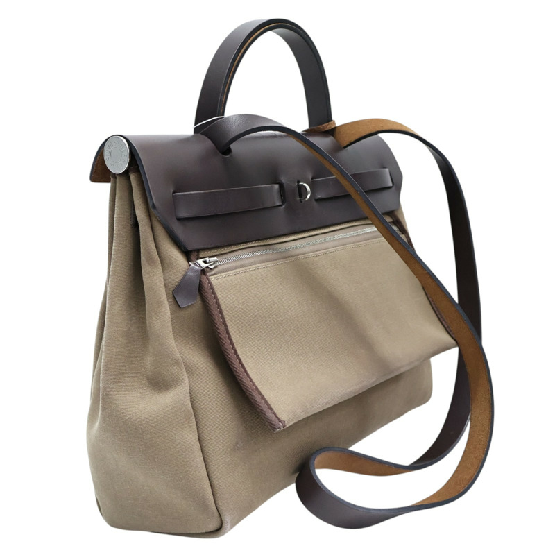 卡其色帆布 棕色牛皮 Herbag Zip 31 肩背包 D刻【HERMES 愛馬仕】 H079092CK-1