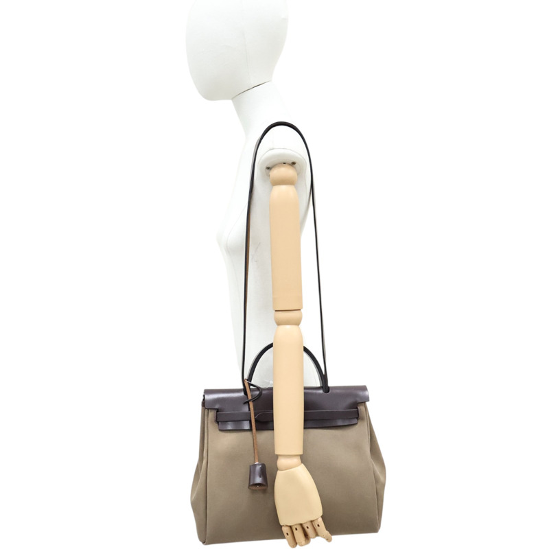 卡其色帆布 棕色牛皮 Herbag Zip 31 肩背包 D刻【HERMES 愛馬仕】 H079092CK-7