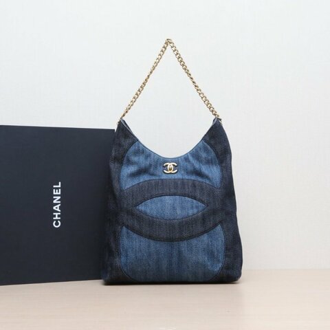 CHANEL 牛仔藍帆布晶片開金扣23P牛仔HOBO肩背包