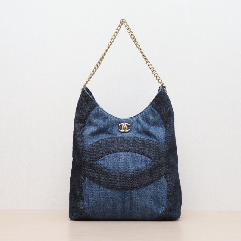 CHANEL 牛仔藍帆布晶片開金扣23P牛仔HOBO肩背包-1