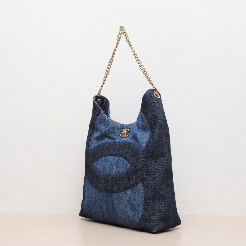 CHANEL 牛仔藍帆布晶片開金扣23P牛仔HOBO肩背包-4